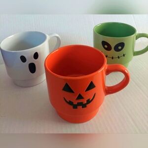 New Stackable 3pcs HALLOWEEN Mugs Coffee CUPS Ghost Pumpkin Frankinstein (BAG B)